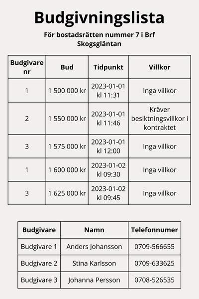 Budgivningslista exempel